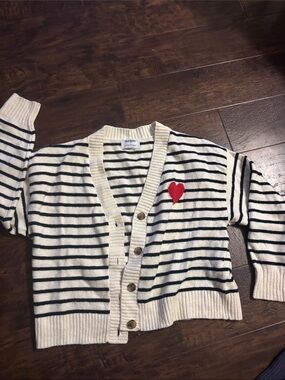 Old Navy Cream and Black Striped Cardigan with Red Heart